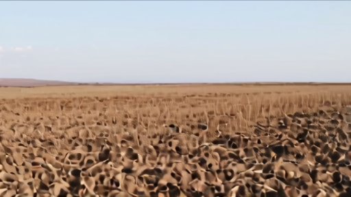 A Kansas winter-wheat field at mid-morning on Earth Day with stunted knee-high wheat stretching to a flat horizon, cracked dry soil between rows, a small American flag pinned to a fence post in the foreground.