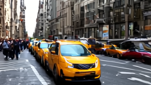 A Wednesday-noon midtown-New-York street view with a small crowd of climate marchers carrying hand-lettered signs, a row of taxis held at the cross street, overcast spring sky.