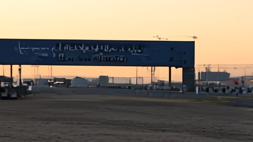 A Lusail International Circuit control tower at dusk, desert sky behind it, calendar and pit-lane signage visible at the entry gate, no cars on track.