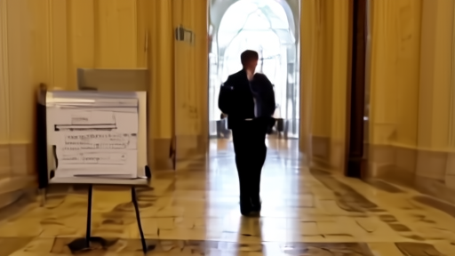 A Senate majority leader's press office door in the Capitol, a closed schedule flipboard on an easel nearby, a single aide checking a binder under the soft overhead light.