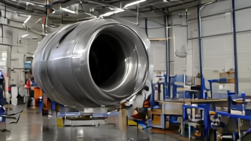 A LEAP-1A engine on a maintenance stand inside a GE Aerospace MRO bay, a technician in blue coveralls on a mobile scaffolding inspecting a hot-section module, overhead cranes and fluorescent lighting