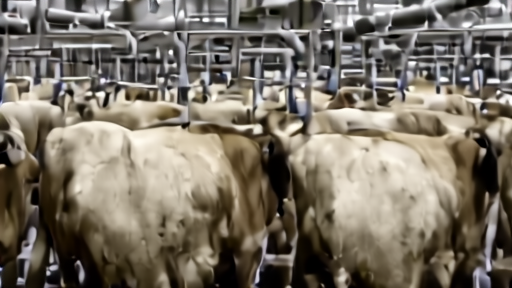 A dairy milking parlor in Idaho with Holstein cows in stanchions, overhead lights, stainless milk lines visible, an empty worker aisle