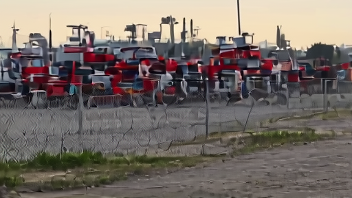 A Halliburton-branded hydraulic fracturing unit parked in morning light on a North Sam Houston service yard, pump trucks lined up, crew in blue coveralls walking the perimeter