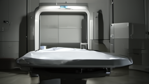 MRI scanner in a darkened clinical bay, technician panel glowing, superconducting magnet cryostat housing visible