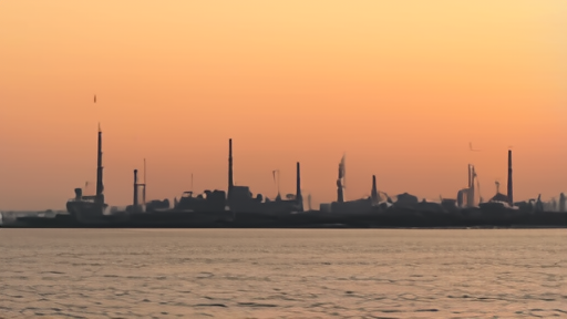 A distant view of a large Indian coastal refinery complex at dusk, flare stacks burning, cargo tankers at offshore moorings, the Arabian Sea beyond.