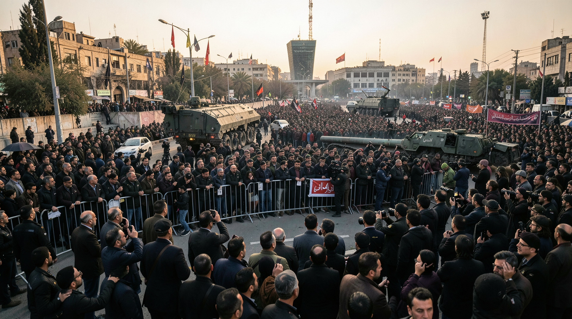 A missile mounted on a transporter in Tehran amid a large crowd and security cordons