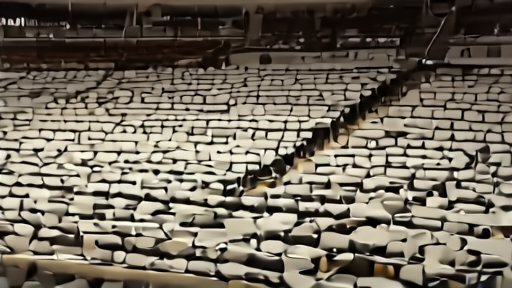 Empty arena floor viewed from upper deck seating, stage lights off, concert tour signage in shadow
