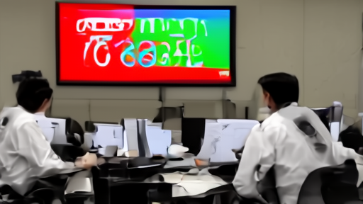 A Shanghai trading floor late afternoon with one large red-and-green board visible showing a suspended ticker labeled for Orient Securities, two analysts in white shirts at terminals consulting printed filings.