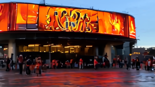 Xfinity Mobile Arena in South Philadelphia at dusk, orange Flyers playoff towel graphics visible on the façade LED, a banner reading Series 2-0, fans in orange arriving under the arena portico.