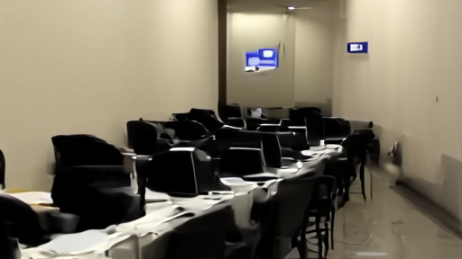 The empty Pentagon Press Corps workspace mid-morning, rows of unused desks, a single fluorescent fixture flickering above, the security card reader at the door dark.