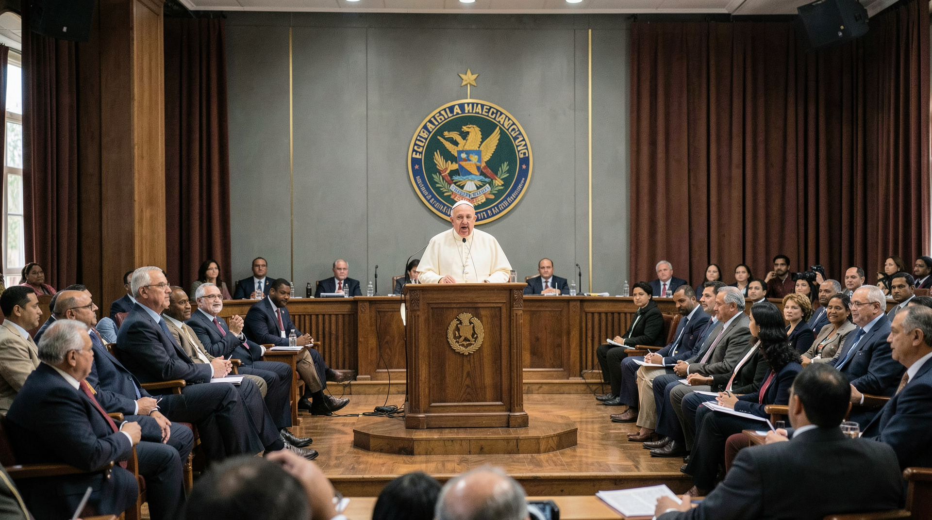 Pope Leo speaking before diplomats and officials in a formal hall in Malabo
