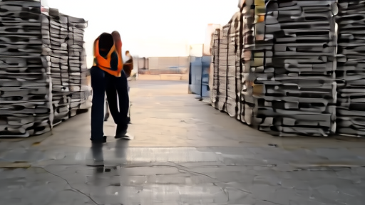 A building-products distribution warehouse at dawn, pallets of insulation stacked along one wall, a logistics coordinator in hi-vis vest reviewing a tablet, a TopBuild logo visible on a truck in the loading bay.