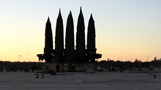 A Raytheon Patriot missile battery under a clean blue April sky at an integration facility, interceptor canisters loaded, arc lights on cables coiled at the base of the launcher