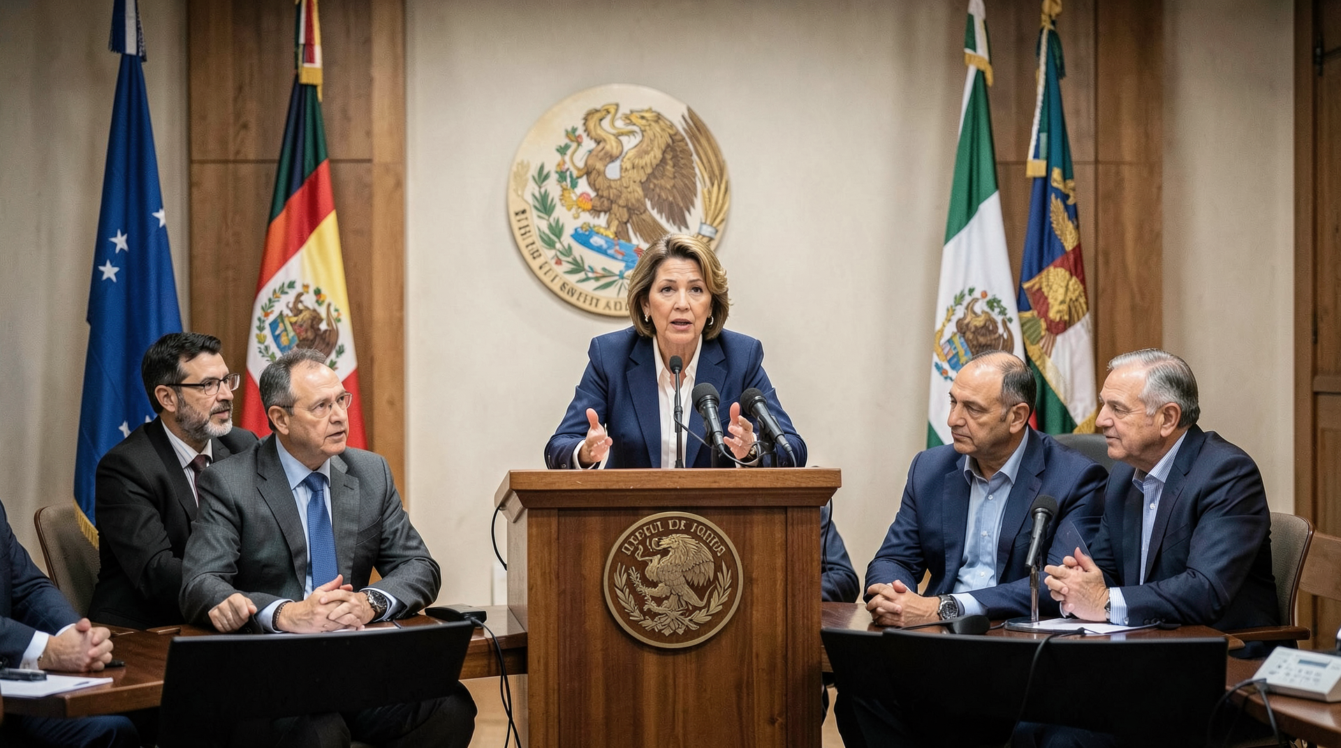 President Claudia Sheinbaum speaking at a morning press briefing with national flags behind her