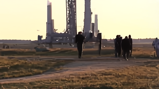 Analysts in business attire walk past a Starship launch tower at SpaceX Starbase facility, gantry looming, Texas flat scrub in distance