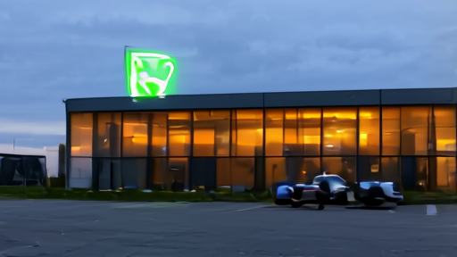 A Microsoft Redmond campus building exterior at dusk with one lit-up Xbox-branded sign on a glass facade, a nearly empty parking lot in the foreground, a single employee walking toward a dark sedan.