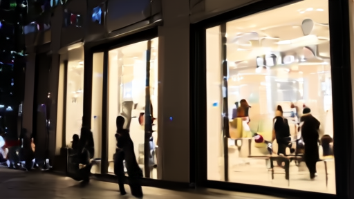 A Tesla showroom at night reflected in a nearby financial district glass facade