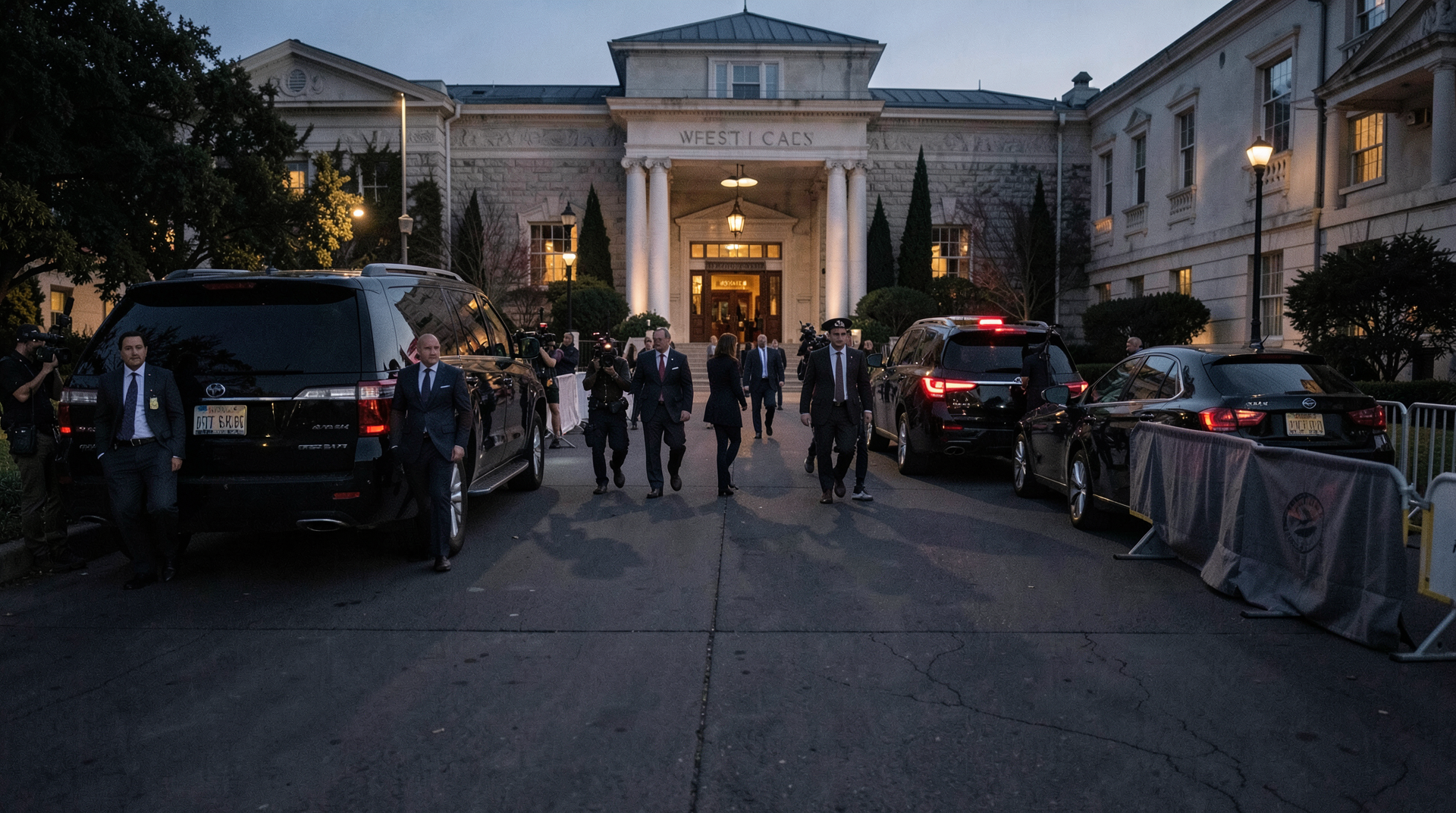 Aides leaving the West Wing at dusk as television crews wait behind barriers