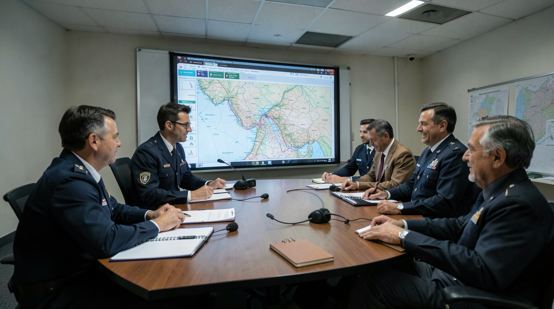 Military planners gathered around digital maps in a secure conference room