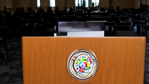 An empty wooden lectern bearing the USCCB seal in a dim-lit conference hall, a printed folder closed on the top, rows of empty chairs behind it.