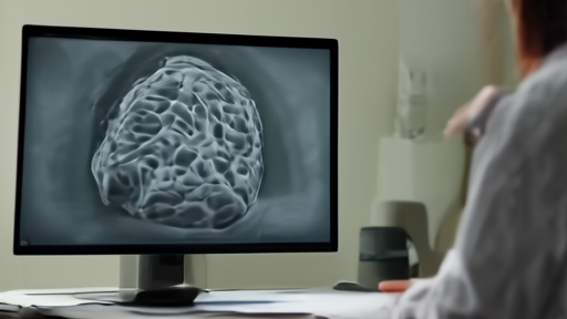 MRI control room monitor showing a brain scan with small hyperintense spots consistent with amyloid-related imaging abnormalities, a clinician's hand holding a clipboard in the foreground.