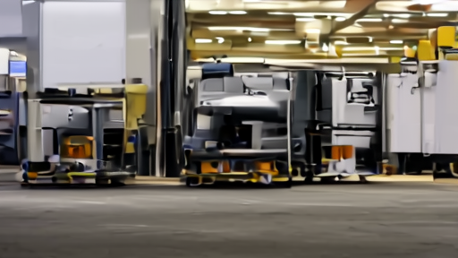 Amazon fulfillment center loading dock at night, trailers backed in, lights on