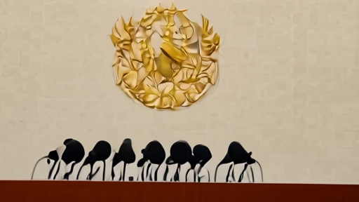 Empty Chinese foreign ministry briefing podium, national emblem behind, neat row of microphones