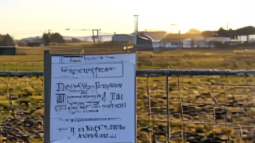 A dairy-farm perimeter in the Magic Valley of Idaho at sunrise, a state-agriculture quarantine sign zip-tied to a chain-link gate, a feedlot and milking parlor visible beyond.