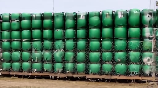 Industrial helium cylinder yard at a medical-gas distribution centre, a forklift operator loading green cylinders onto a pallet, a warning-label sign on the chain-link perimeter.