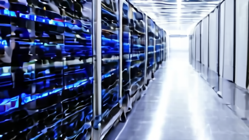 An IBM Power11 mainframe chassis in a data-center row, blue status LEDs and cabled interconnects visible.