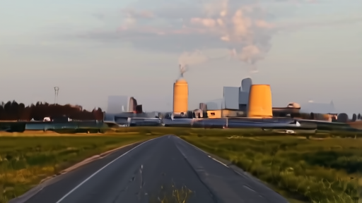 Split landscape of a utility-scale solar array on one side of a rural highway and a coal-fired power plant with steam plumes on the other, late-afternoon light.