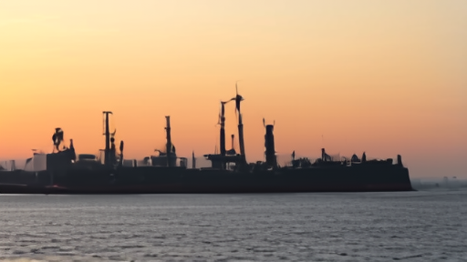 Indian refining terminal at Jamnagar at dawn, VLCC tanker berthed, cranes silhouetted