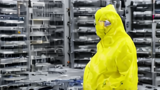Interior of Intel's Fab 52 in Arizona with a technician in full cleanroom suit monitoring a lithography tool.