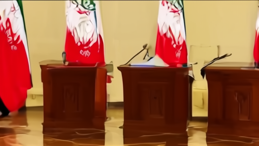 Split-screen style composition of three Iranian officials at different podiums, Tehran skyline dusk behind them.
