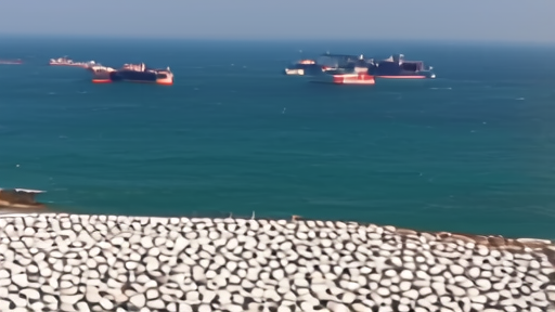 Aerial view of Kharg Island storage tank farm, tankers in roadstead beyond, Persian Gulf