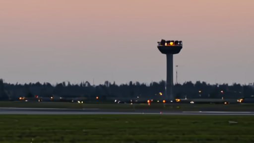 A LaGuardia runway at dusk on a spring weekday, an orange airport-vehicle beacon distant on the tarmac, the tower silhouetted against the western sky.