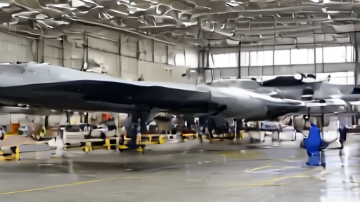 F-35 assembly line in Fort Worth with workers at a mid-fuselage station and overhead hangar lights illuminating three airframes.