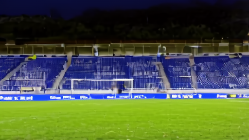 Turf Moor's West Stand after a Wednesday-night fixture, empty seats under floodlight, a groundsman walking the perimeter, the Lancashire hills dark in the distance.