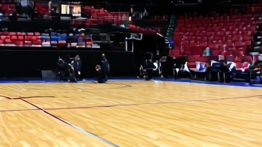 An empty NBA arena hardwood on a Thursday afternoon, staff preparing pre-game signage at midcourt, the basket stanchions rolling out from the side tunnels.