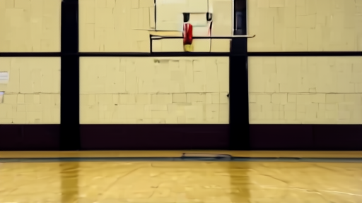 An empty mid-major college basketball practice gym on a Wednesday evening, scoreboard dim, a single basketball in foul-lane paint, bleachers retracted.