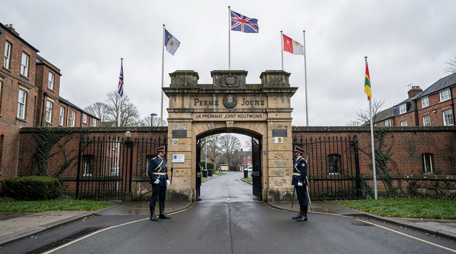 Permanent Joint Headquarters Northwood exterior in north London, flags and signage visible at the gatehouse