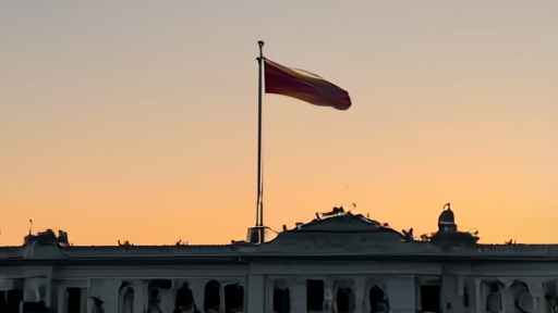 Empty presidential palace balcony in Malabo at dusk, flag hanging still, tropical sky behind