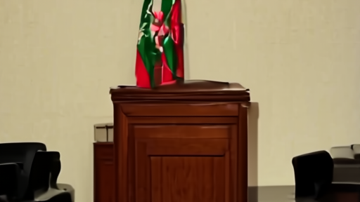 Empty lectern at the Pakistan Foreign Office pressroom with flags of Pakistan, Iran, and the United States on a neutral stand.