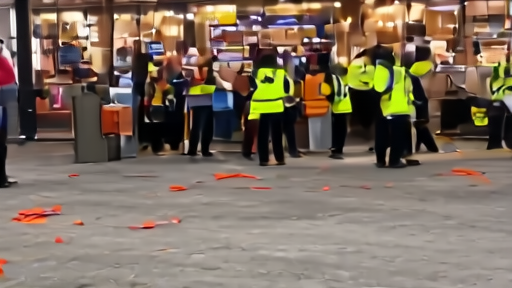 Xfinity Mobile Arena's main concourse after a Wednesday-night playoff game, orange towels littering the ground, ushers beginning cleanup under overhead lights, the scoreboard panels dim above.