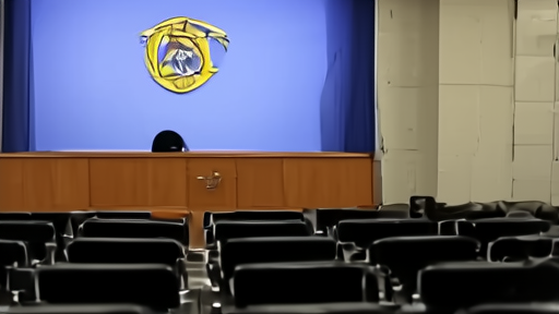 Empty Pentagon briefing room podium with the DoD seal and rows of vacant press chairs, midday natural light.