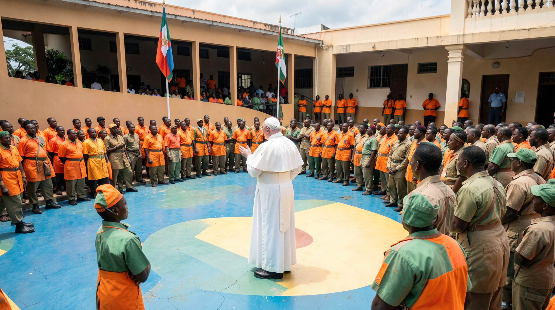 Pope Leo XIV addressing inmates in uniform at Bata Prison in Equatorial Guinea