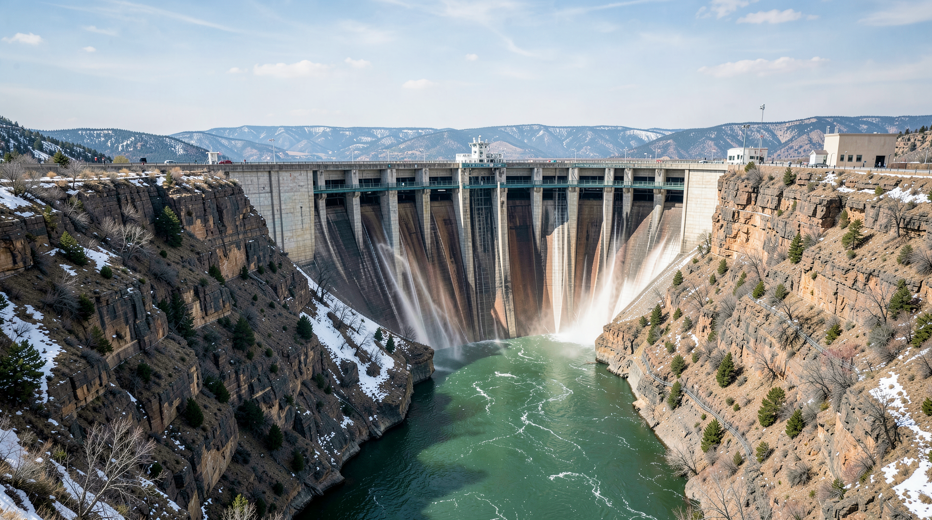 Flaming Gorge Dam spillway releasing water into the Green River canyon below