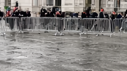 A Moscow courthouse exterior with a small group of press photographers waiting behind barriers on a gray afternoon.