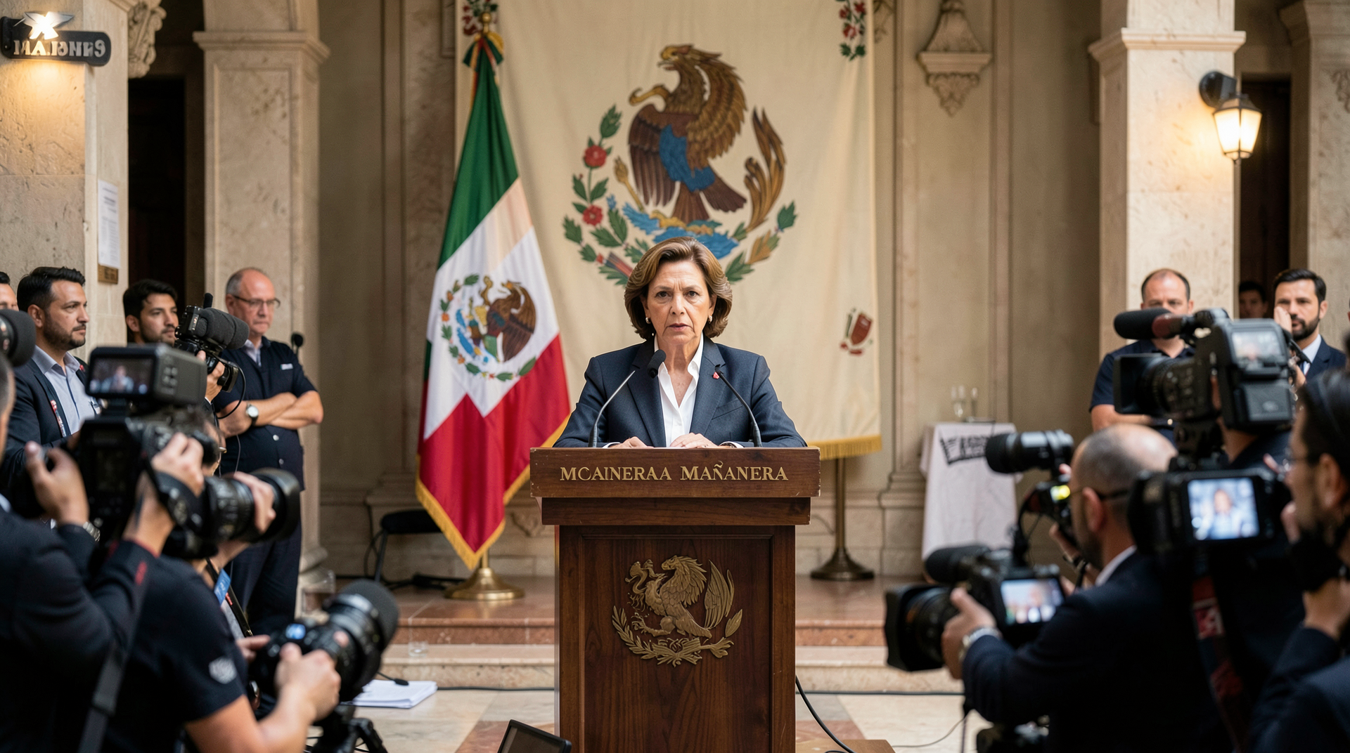 President Claudia Sheinbaum at her morning press conference, Mexican flag behind her
