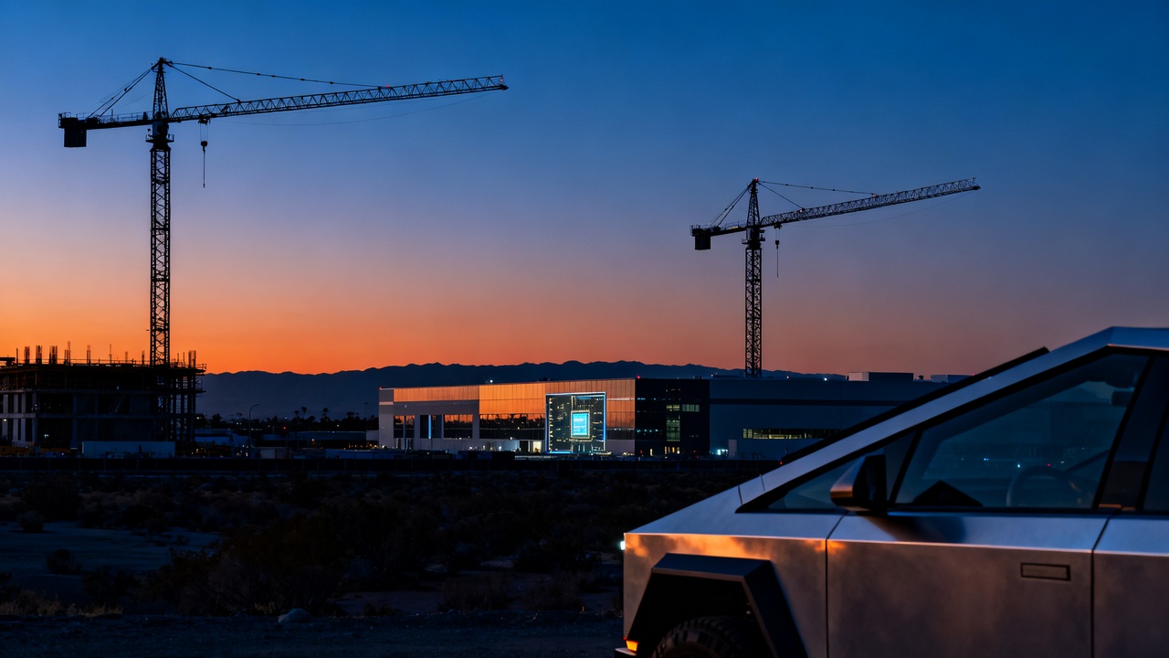 Tesla Gigafactory Texas at dusk with construction cranes around a new building